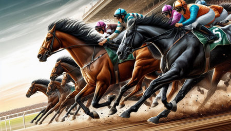Horse racing race with jockeys and jockeys.