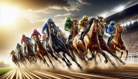 Group of jockeys riding horses in the race. 3D rendering