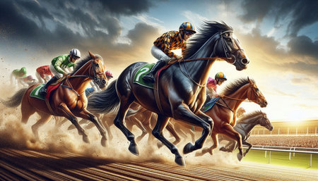 Horse racing race with jockeys at sunset. 3D rendering