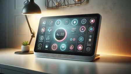 Tablet with social media icons on the screen. 3D rendering.