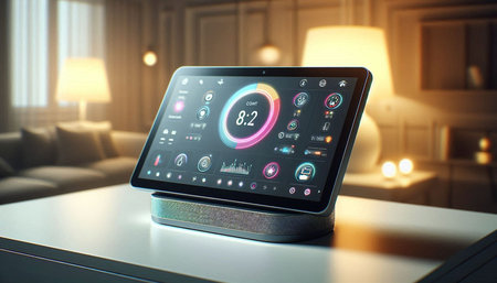 Tablet computer with smart home app on screen. 3D rendering