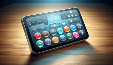 Touch screen tablet pc with business icons on it. 3D rendering