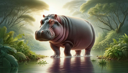 Hippo in the jungle. 3D render. Nature background