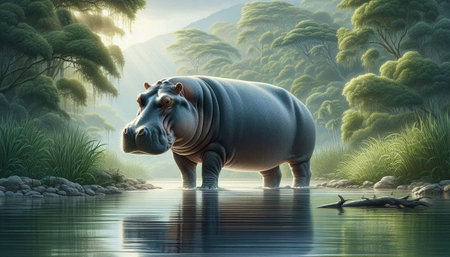 Hippo in the river, 3d render illustration, nature background
