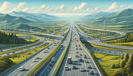 Aerial view of highway with moving cars. Highway in the mountains.