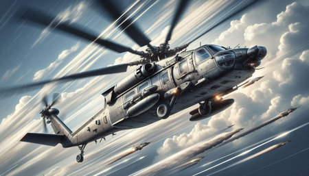 Military helicopter flying high in the sky. 3D Rendering.