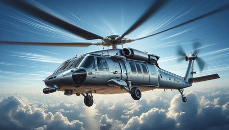 Helicopter flying above clouds. 3D render. Clip art.
