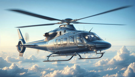 Helicopter flying above clouds. 3D render. Clip art.