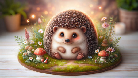 Cute hedgehog on a wooden table with mushrooms and flowers.の写真素材