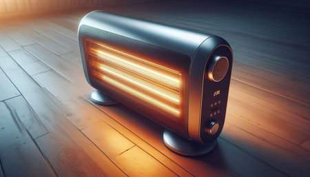 Modern electric heater on the wooden floor. 3d render illustration.