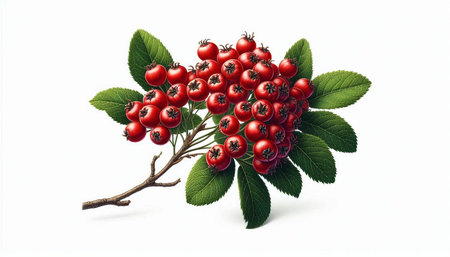 Red rowan berries with green leaves isolated on a white background.