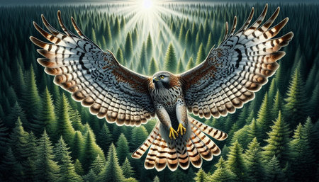 3d rendering of a hawk in the forest with a bright sun