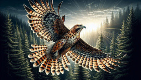 3d rendering of a red-tailed hawk flying in the forest