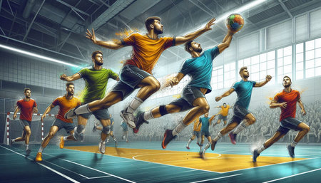 Soccer players in action at stadium. Mixed media. Mixed media