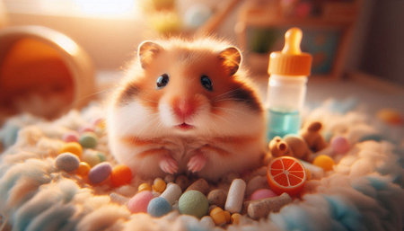 Cute hamster with bottle of pills and candies on bed