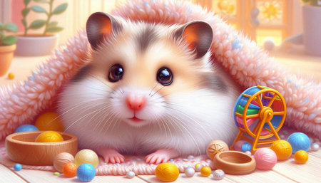Hamster in a warm plaid with Easter eggs and beads.の写真素材