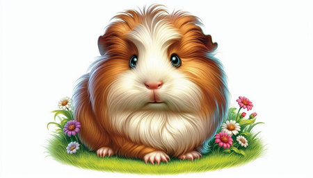 Cartoon guinea pig with flowers on white background - illustration for childrenの写真素材