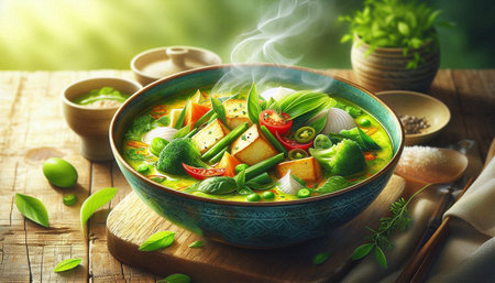 Vegetable soup with tofu and greens in bowl on wooden tableの写真素材