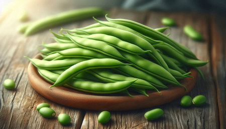 Green beans in wooden bowl on grey wooden table, closeup view