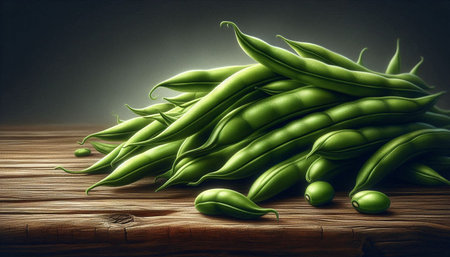 Green beans on a wooden table in front of a dark background.
