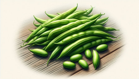Green beans on a wooden background. 3D illustration. Vintage style.