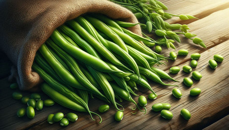 Fresh green beans in burlap bag on wooden table, closeup