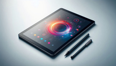 Tablet pc with glowing circle and pen on it. 3D renderingの写真素材