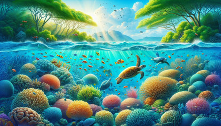 Underwater world. Underwater world. 3D illustration. Marine life.の写真素材