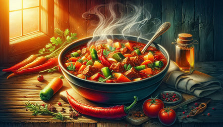 Beef stew with vegetables and spices on a wooden background. Toned.の写真素材