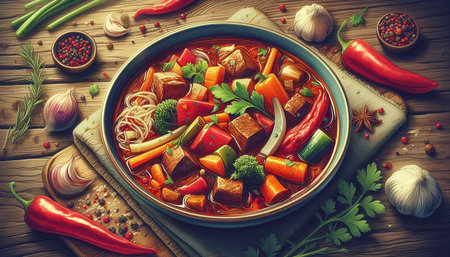 Beef stew with vegetables on a wooden background. toning. selective focusの写真素材