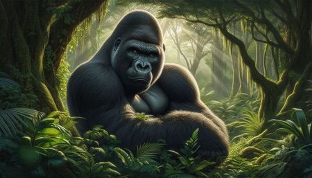 Gorilla in the rainforest. 3D render with clipping pathの写真素材
