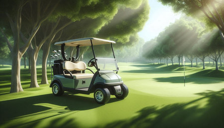 Golf cart on the golf course in the morning. 3d renderingの写真素材