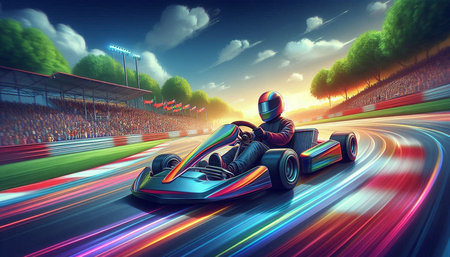 Man driving a race car on the race track. 3D rendering