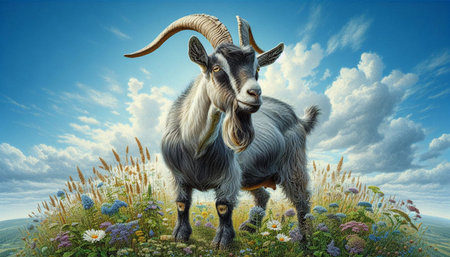 Goat in the meadow with flowers. 3d render.