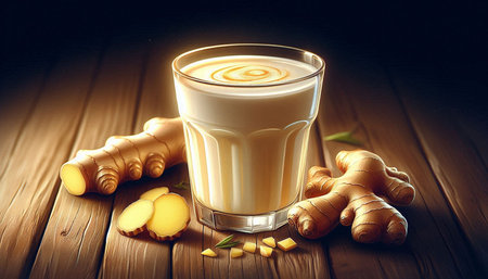 Cup of ginger latte with ginger root on wooden background.の写真素材