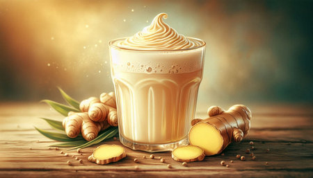 Glass of ginger latte on wooden table with ginger root and spices
