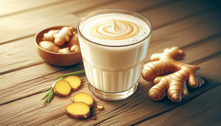 Ginger latte in a glass with ginger root on wooden backgroundの写真素材