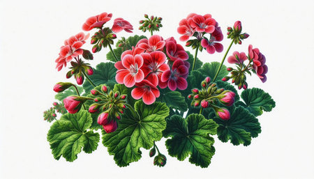 Flowering geraniums on a white background. Vintage style.