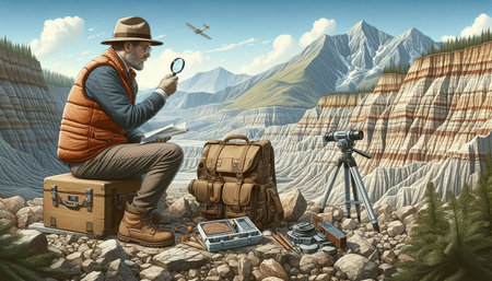 Tourist with map and binoculars. 3D illustration.