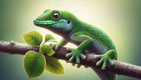 Close up portrait of a green gecko on a tree branch.の写真素材