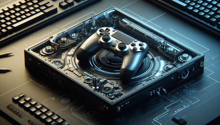 Computer keyboard, mouse and gamepad close-up. 3D rendering
