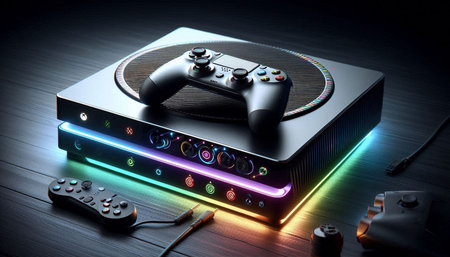 Black turntable with colorful neon lights on a dark background.