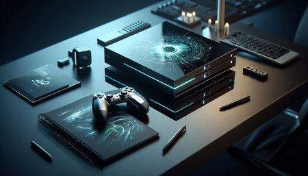 Close up of gaming equipment on table. 3d rendering toned image