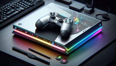 Game controller and keyboard on a dark table. 3d illustration.