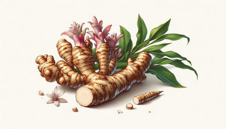 Illustration of a fresh galangal root with flowers and leaves