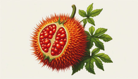 Pomegranate fruit with leaves on a white background. Vector illustration.