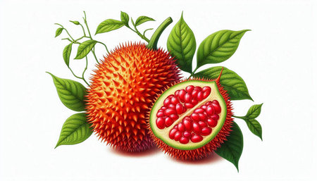 Gac fruit, whole and half with green leaves on white background