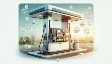 Digital illustration of a petrol station with digital interface. 3d rendering