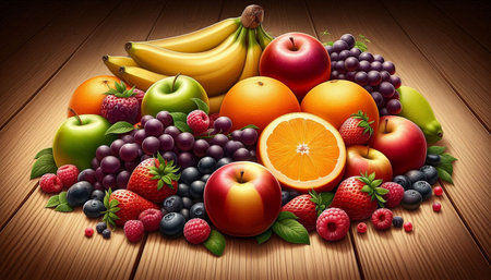 Fruits and berries on a wooden background. 3d illustration.