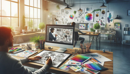 Creative designer working in modern office with computer and graphics. Design concept